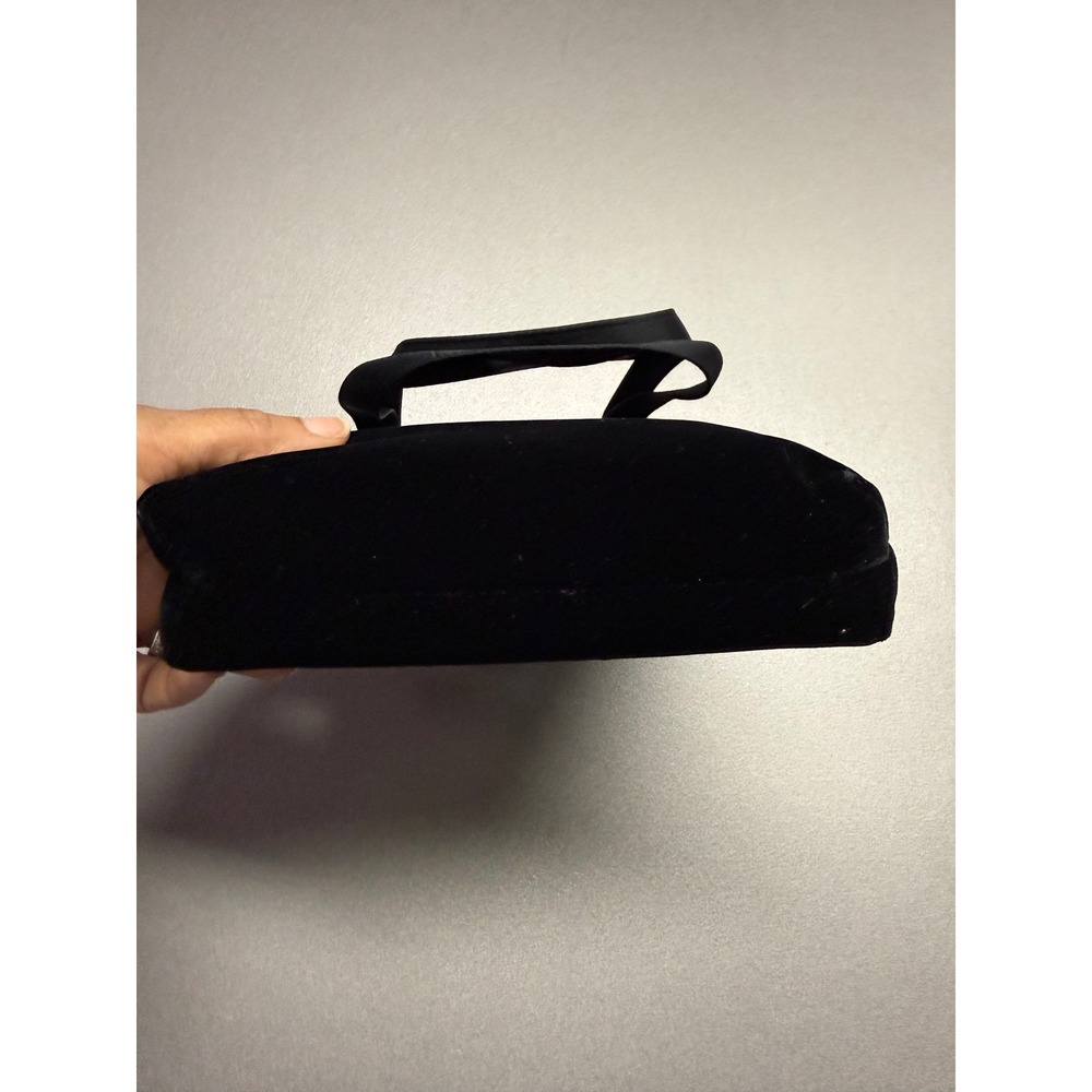 Black Velvet Evening Bag Satin Bow Trim Formal Cocktail Handbag Magnetic Closure - Picture 4 of 5